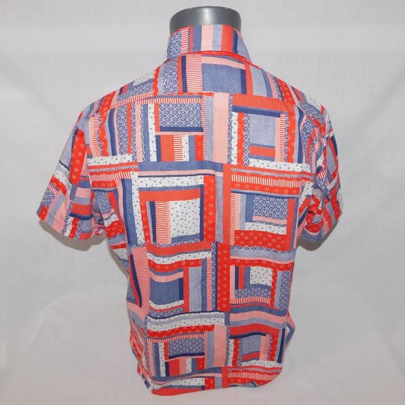 VTG Doug's Leisure Wear Mens L Red white blue Patchwork Look Button front Shirt - Picture 8 of 11